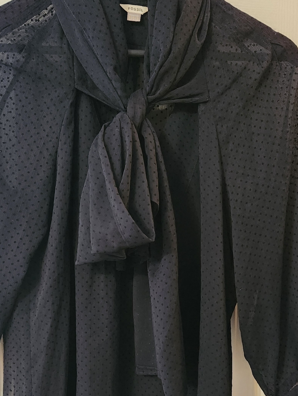 Fossill Sheer Swiss Polka Dot Tie-Neck Blouse - Black - Picture 3 of 8